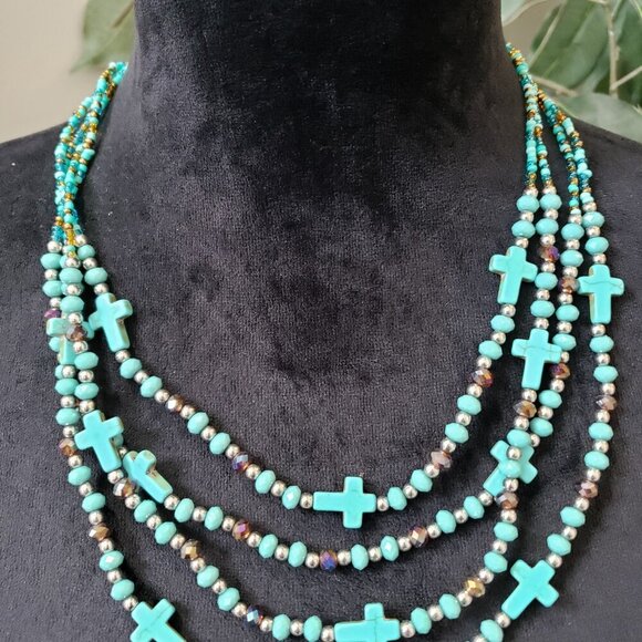 Womens Turquoise & Amber Glass Bead Multi Strand Cross Necklace w/ Lobster Clasp - Picture 4 of 6